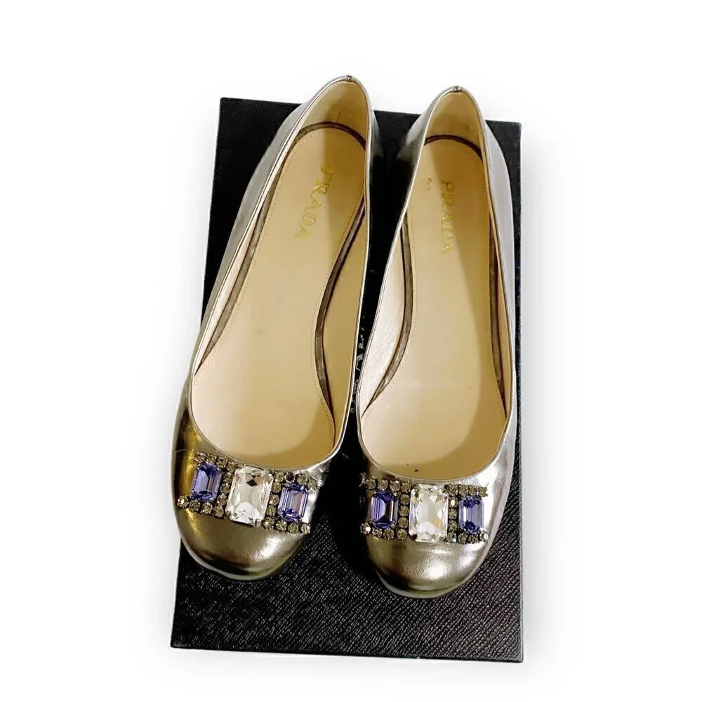 Prada pewter leather jewelled flats, size 38.5 EU